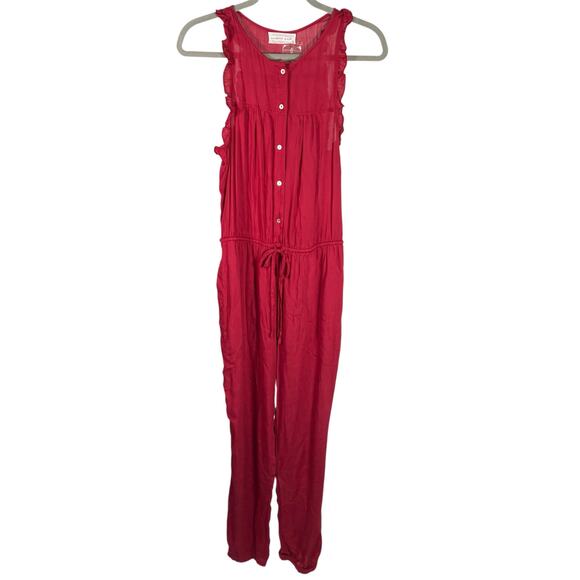 Mustard Seed Red Sleeveless Ruffle Jumpsuit M Button Front Drawstring Waist New - Picture 1 of 15